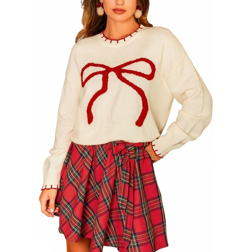 imageCUPSHE Womens Long Sleeve Christmas Fall Sweater Crewneck Pattern Loose Fit Pullover Holiday Sweater Knit TopWhite Red