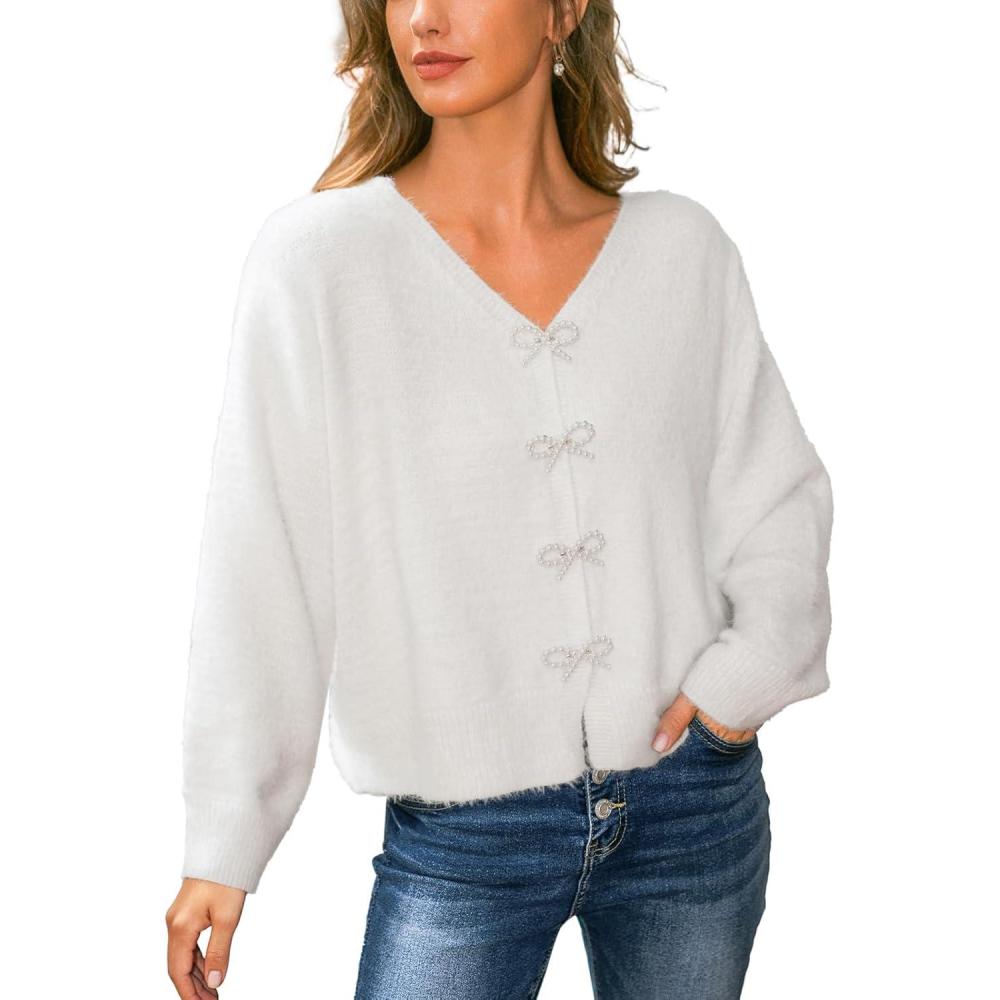 imageCUPSHE Womens Long Sleeve Knit Cardigan Bow Buttons Lightweight Open Front Sweater Fall Winter Casual Sweater TopWhite