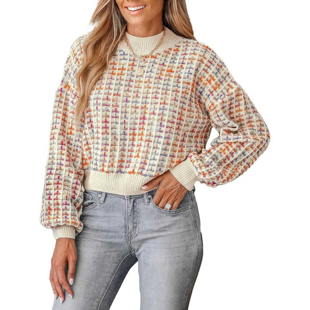 imageCUPSHE Womens Long Sleeve Knit Sweater Color Block Puff Drop Sleeve Round Neck Pullover Sweater TopsMuiticolored
