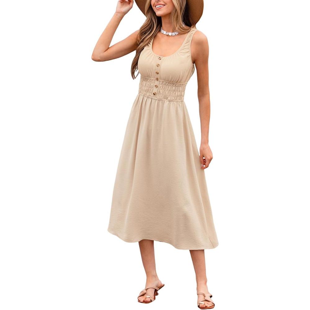 imageCUPSHE Womens Maxi Dresses Scoop Neck Sleeveless Smocked Casual Summer Outfit Button Beach Sundress Backless DressBeige