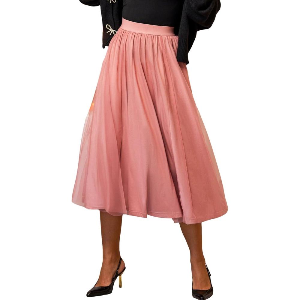imageCUPSHE Womens Mesh Midi SkirtsTulle A Line Fairy Patterned High Waist Dressy Long Skirt Casual Vacation OutfitsSolid Pink