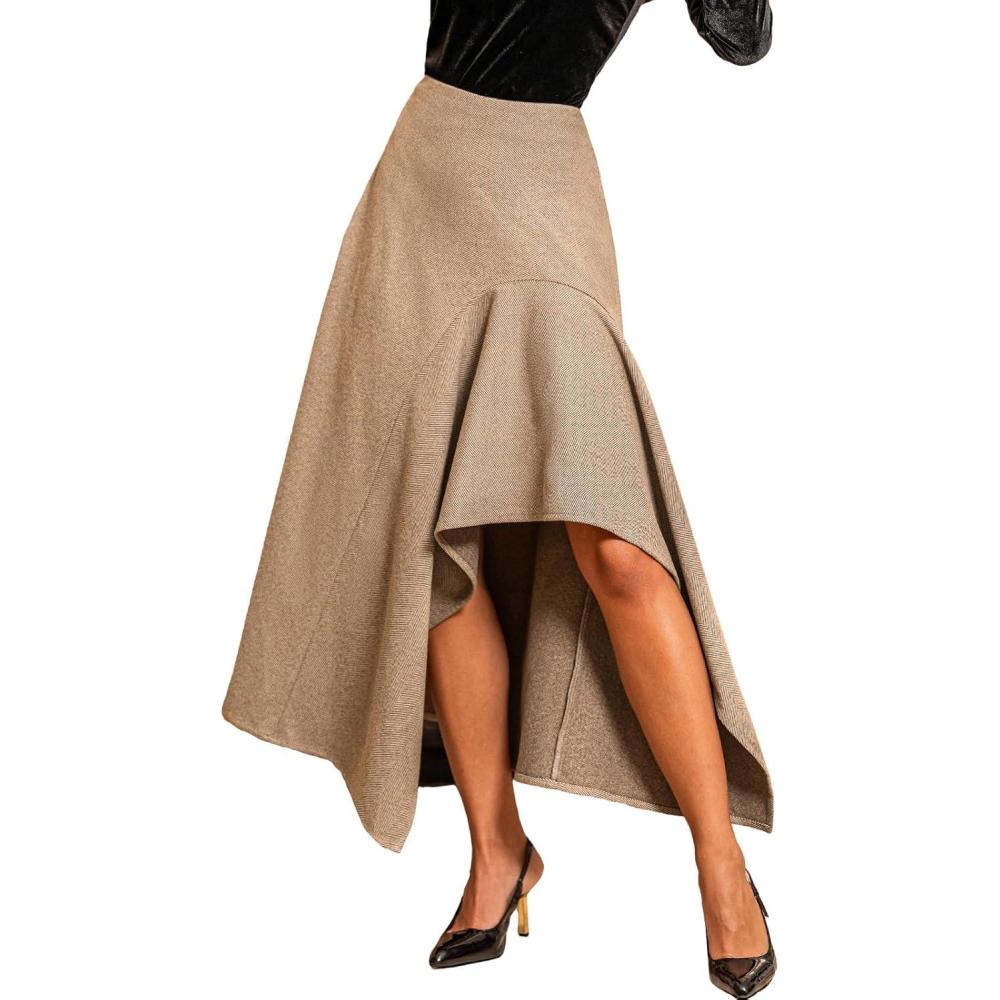 imageCUPSHE Womens Midi Skirts Asymmetrical Ruffle A Line Flowy Elegant Long Skirt High Waisted Casual Vacation OutfitsGrey