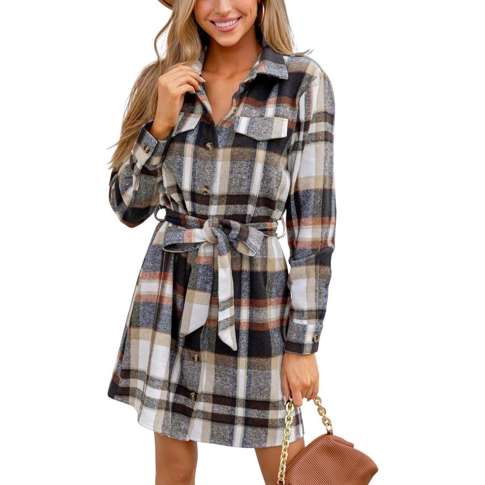 imageCUPSHE Womens Mini Fall Dresses Button Long Sleeves Plaid Belted Casual Short A Line Shirt DressBrown Plaid