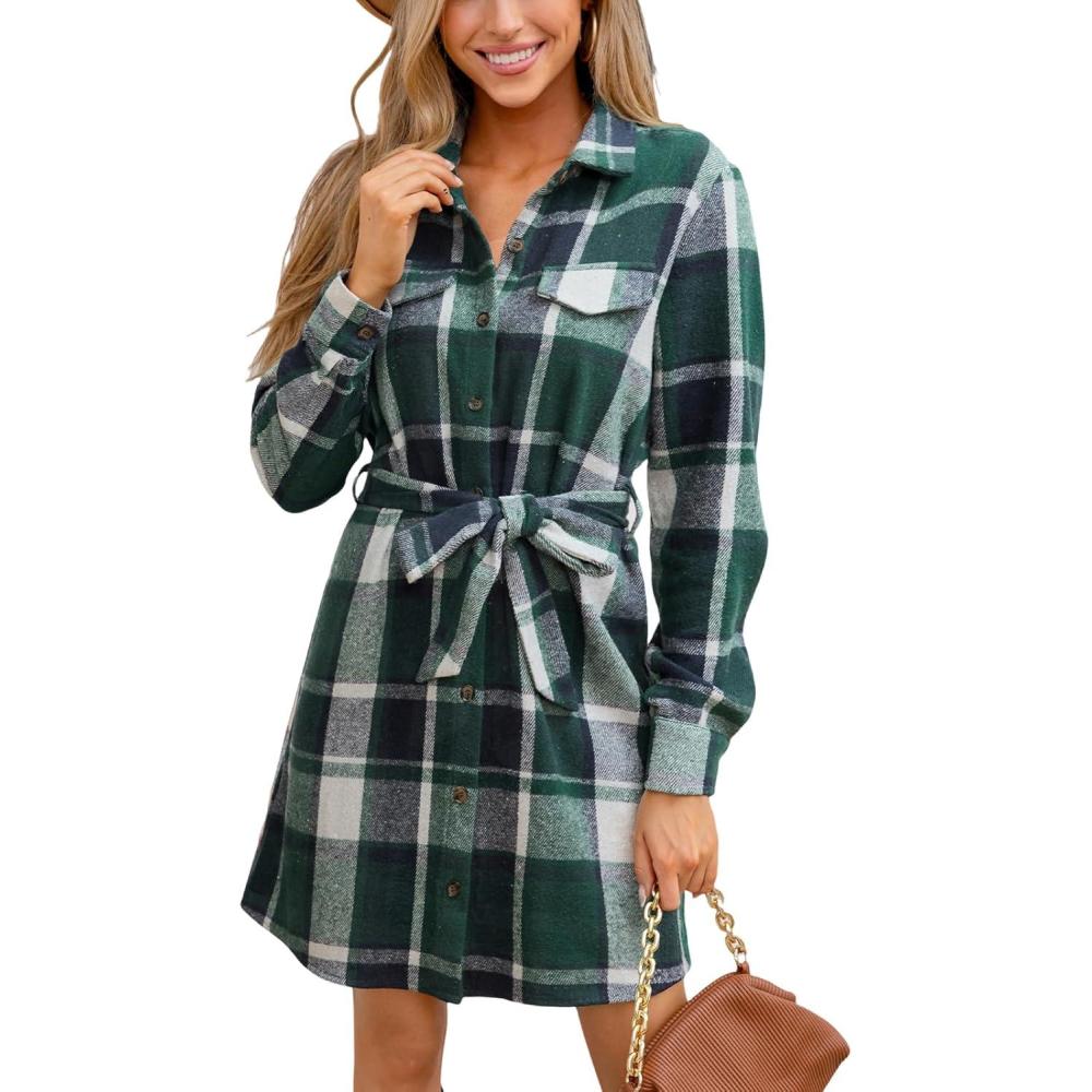 imageCUPSHE Womens Mini Fall Dresses Button Long Sleeves Plaid Belted Casual Short A Line Shirt DressGreen Plaid