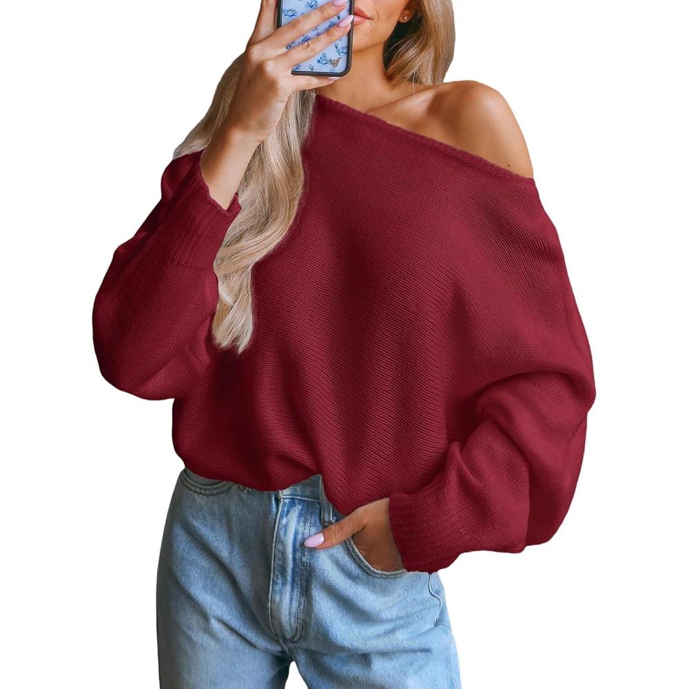 imageCUPSHE Womens Off The Shoulder Sweaters Long Sleeve Lightweight Knit Casual Pullover Sweater TopsRed