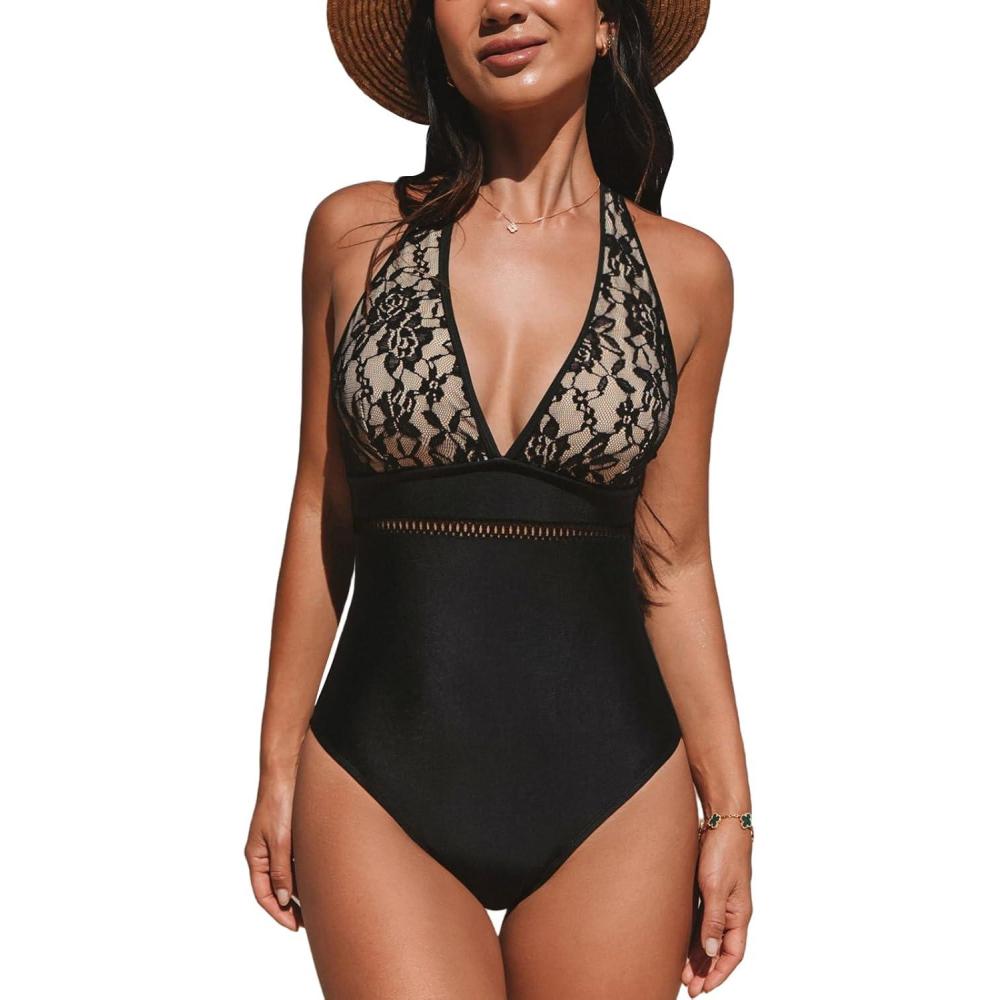 imageCUPSHE Womens One Piece Swimsuit Plunging Neck Bathing Suit Halter Strappy Lace Cutouts SwimwearBlack
