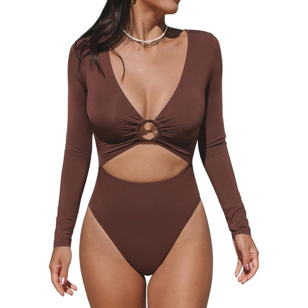 imageCUPSHE Womens One Piece Swimsuit Rash Guard Long Sleeve Cutout UPF 50 UV Deep V Neck ORingBurgundy Red