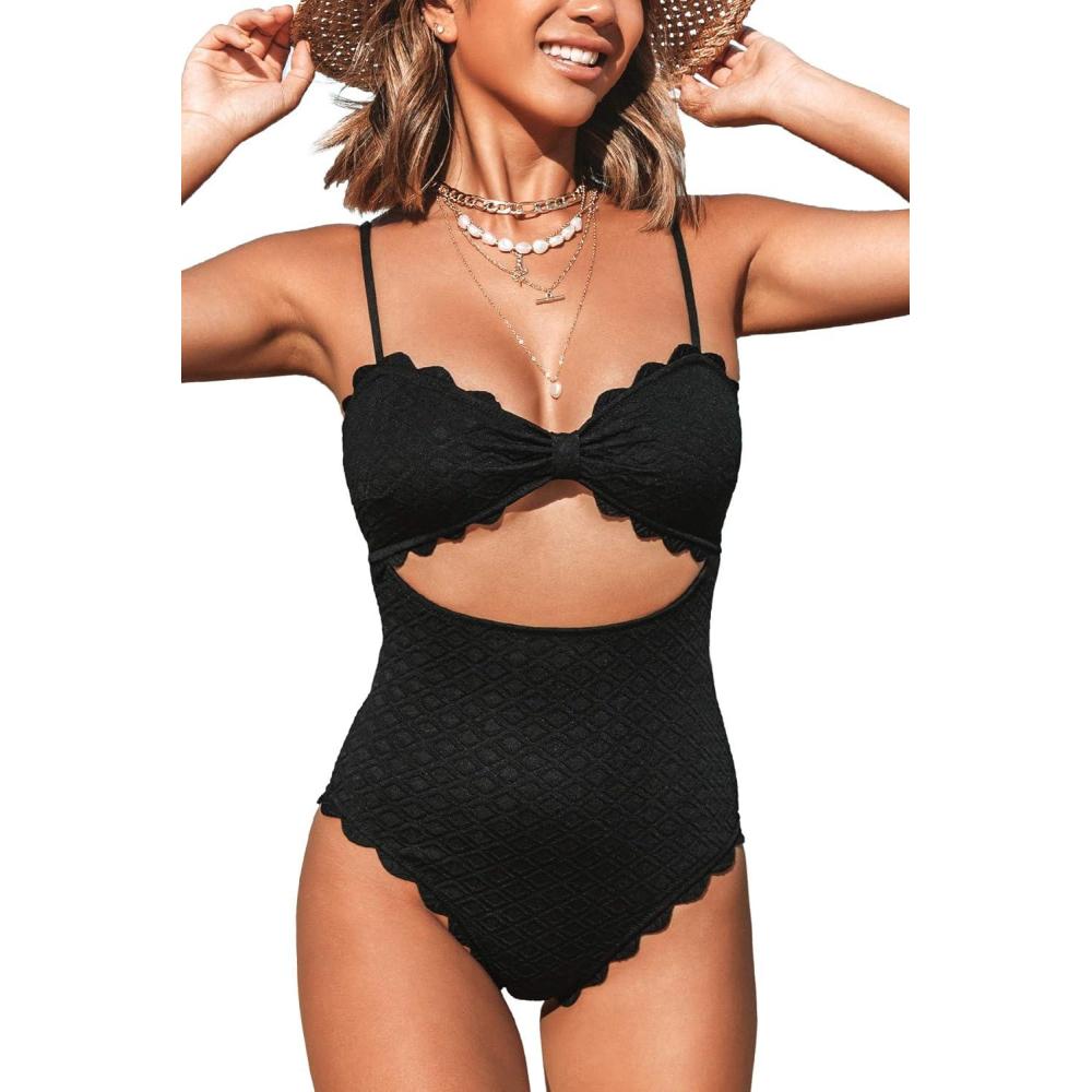 imageCUPSHE Womens One Piece Swimsuit Sexy Black Cutout Scallop Trim Bathing SuitBlack