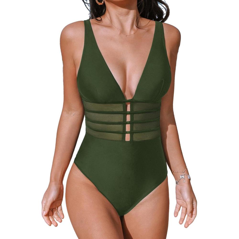 imageCUPSHE Womens One Piece Swimsuit Tummy Control Bathing Suit Deep V Neck Cut Out Mesh Adjustable StrapsDark Green