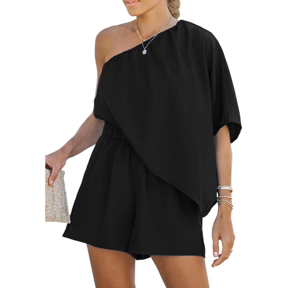 imageCUPSHE Womens One Shoulder Romper 34 Sleeve Wide Leg Mini Jumpsuit Short Draped Bodice Romper Casual Summer Loose OutfitBlack