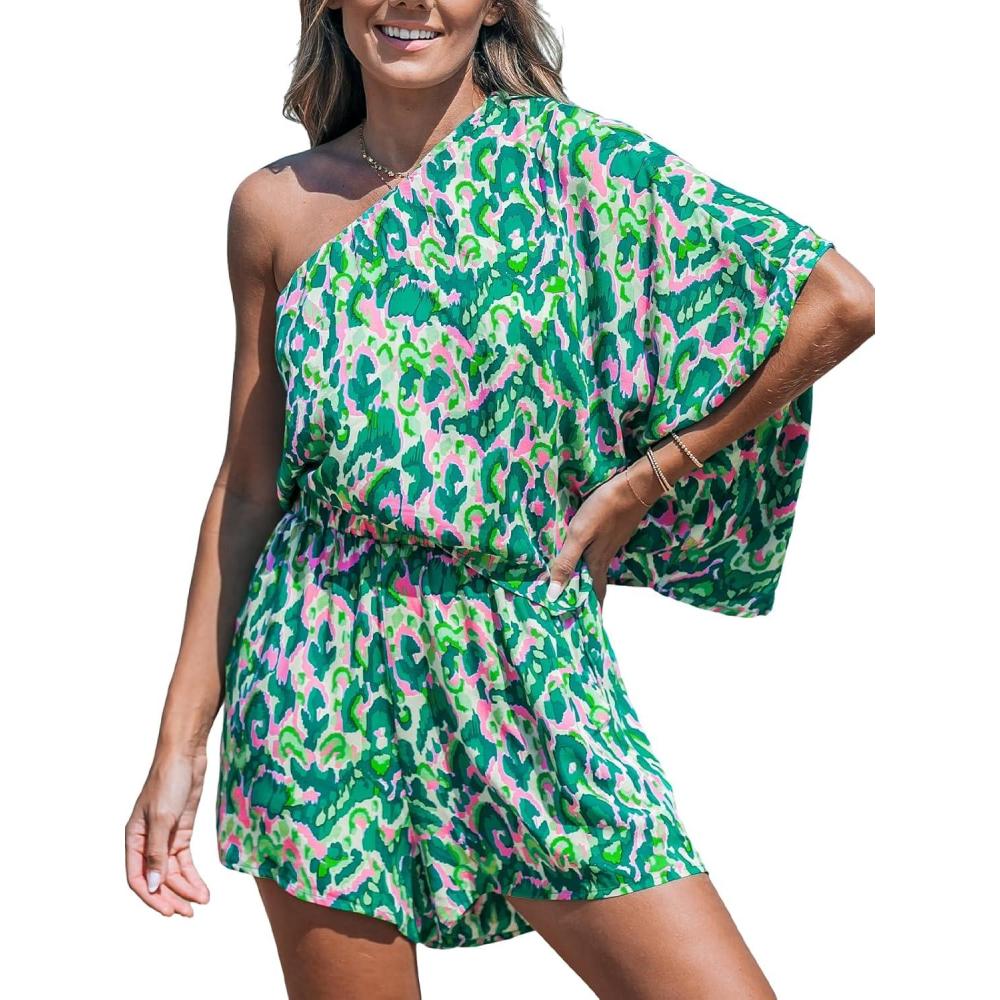 imageCUPSHE Womens One Shoulder Romper 34 Sleeve Wide Leg Mini Jumpsuit Short Draped Bodice Romper Casual Summer Loose OutfitGreen Leopard