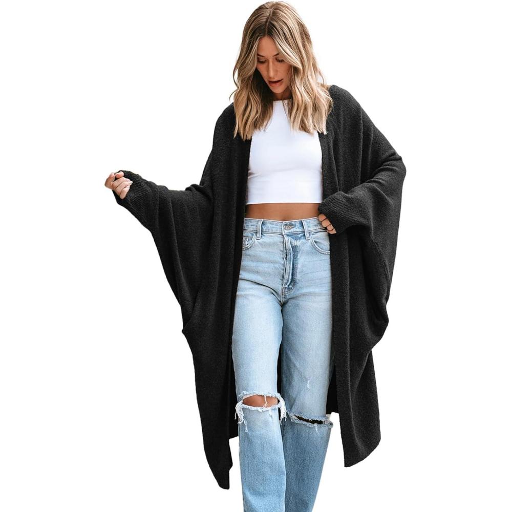 imageCUPSHE Womens Oversized Cardigan Sweater Open Front 2025 Fall Long Sleeve Soft Knit Casual Sweaters OutwearBlack