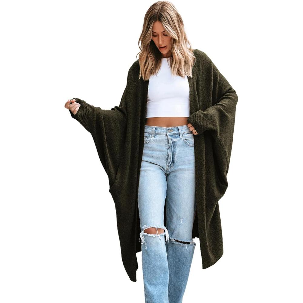 imageCUPSHE Womens Oversized Cardigan Sweater Open Front 2025 Fall Long Sleeve Soft Knit Casual Sweaters OutwearBrowngreen