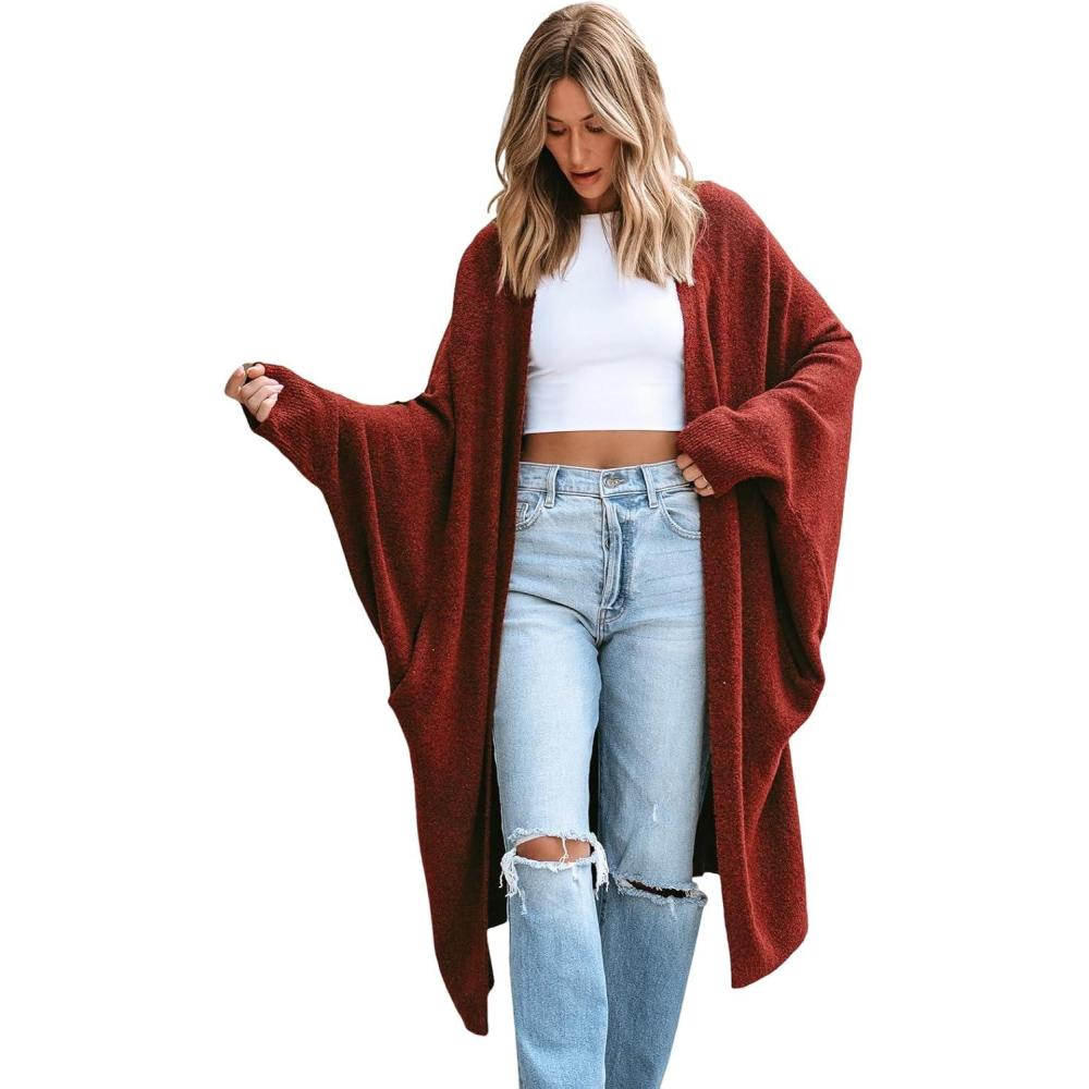 imageCUPSHE Womens Oversized Cardigan Sweater Open Front 2025 Fall Long Sleeve Soft Knit Casual Sweaters OutwearBurgundy Red