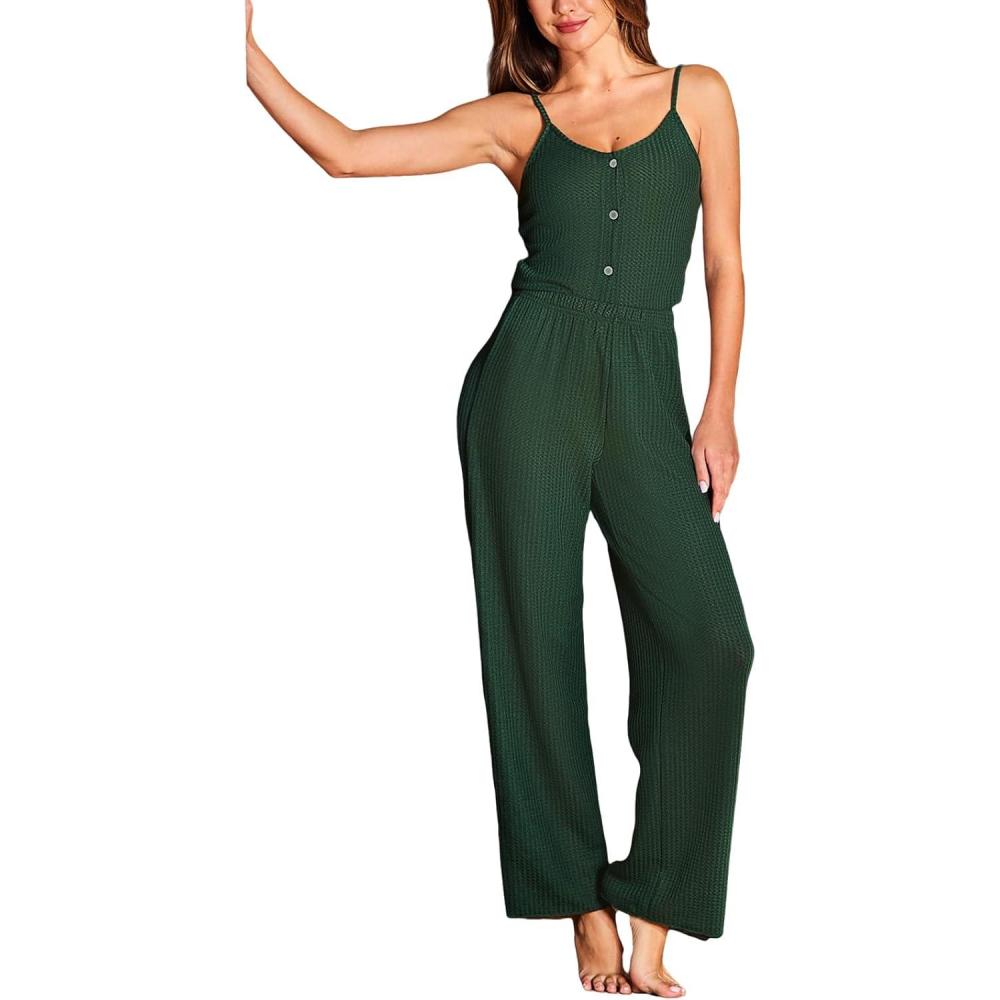 imageCUPSHE Womens Pajama Set Two Piece Rib Knit Sleepwear Summer Cami Top and Long Pants SetsDark Green