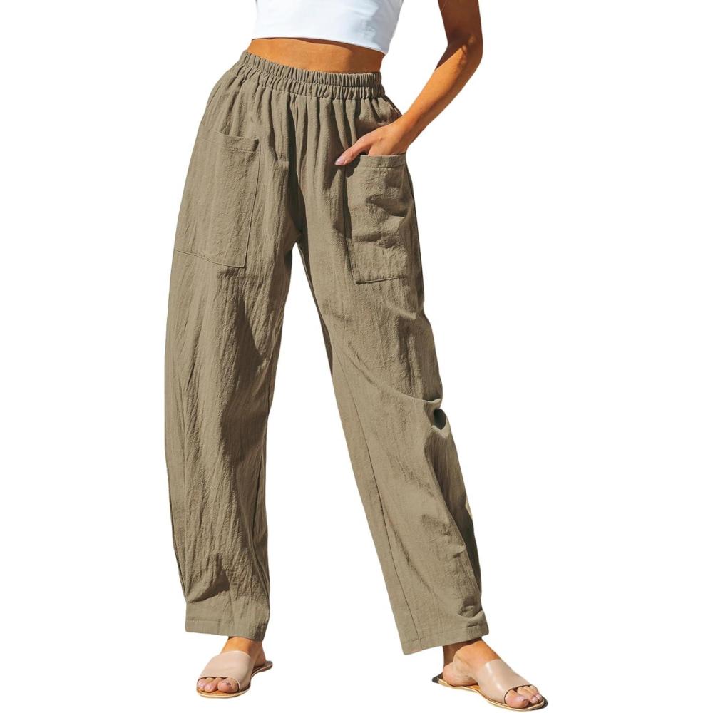 imageCUPSHE Womens Pants Patch Pocket Tapered Leg Elastic Waist Long Pant Casual Beach Vacation RunningKhaki