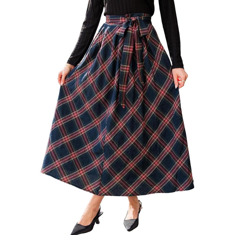 imageCUPSHE Womens Plaid Maxi Skirts Dressy A Line Tie Waist Long Skirt Casual Vintage Office with PocketsBlue