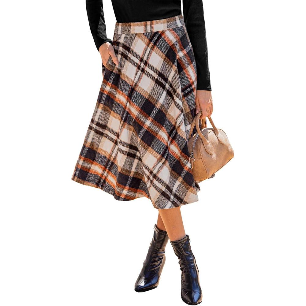 imageCUPSHE Womens Plaid Maxi Skirts Dressy A Line Tie Waist Long Skirt Casual Vintage Office with PocketsBrown