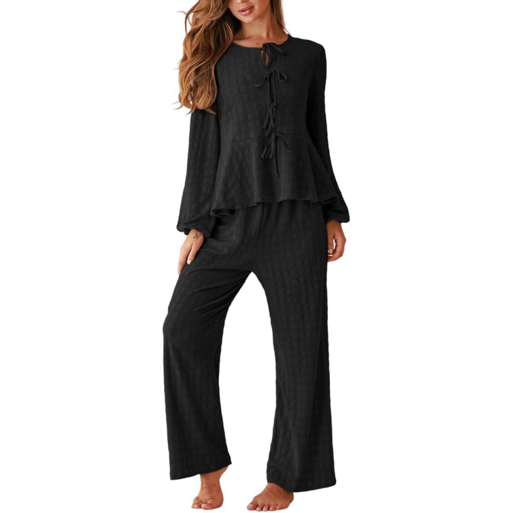 imageCUPSHE Womens Puff Long Sleeve Lounge Sets 2 Piece Bow Tie Front Ruffle Top Wide Leg Pants Casual Pajamas SetBlack