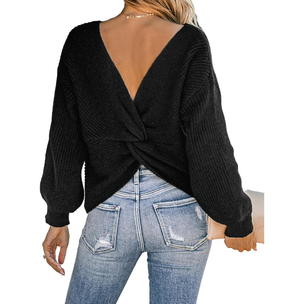 imageCUPSHE Womens Ribbed Knit Pullover Sweater Fall Crewneck Long Sleeve Twist Back Backless Sweater TopsBlack