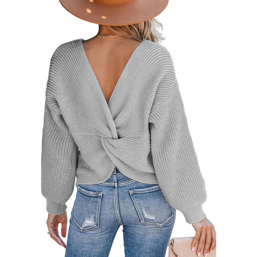 imageCUPSHE Womens Ribbed Knit Pullover Sweater Fall Crewneck Long Sleeve Twist Back Backless Sweater TopsLight Grey