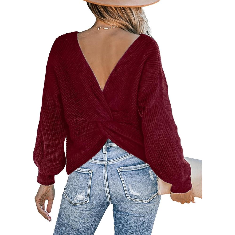 imageCUPSHE Womens Ribbed Knit Pullover Sweater Fall Crewneck Long Sleeve Twist Back Backless Sweater TopsRed