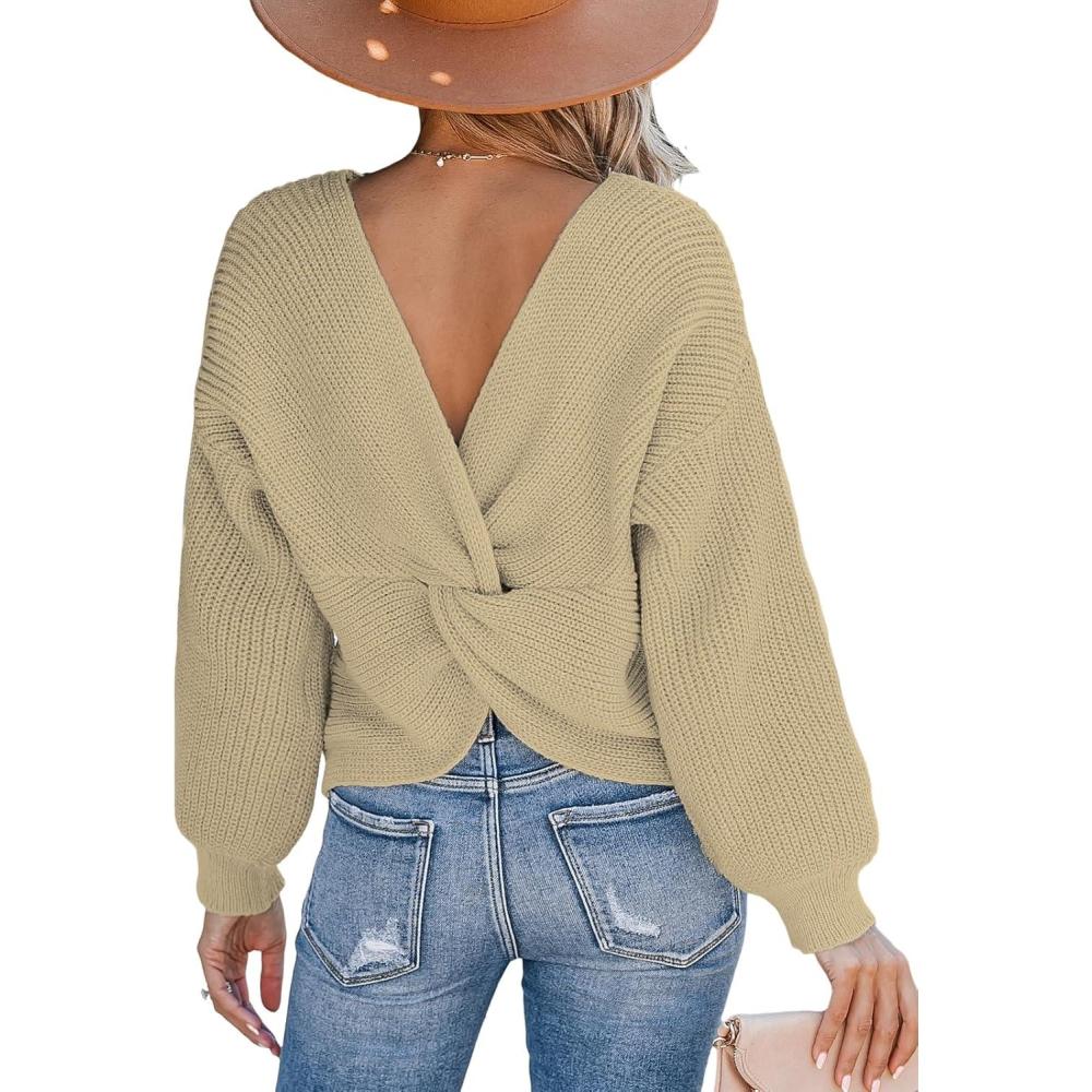 imageCUPSHE Womens Ribbed Knit Pullover Sweater Fall Crewneck Long Sleeve Twist Back Backless Sweater TopsWhite