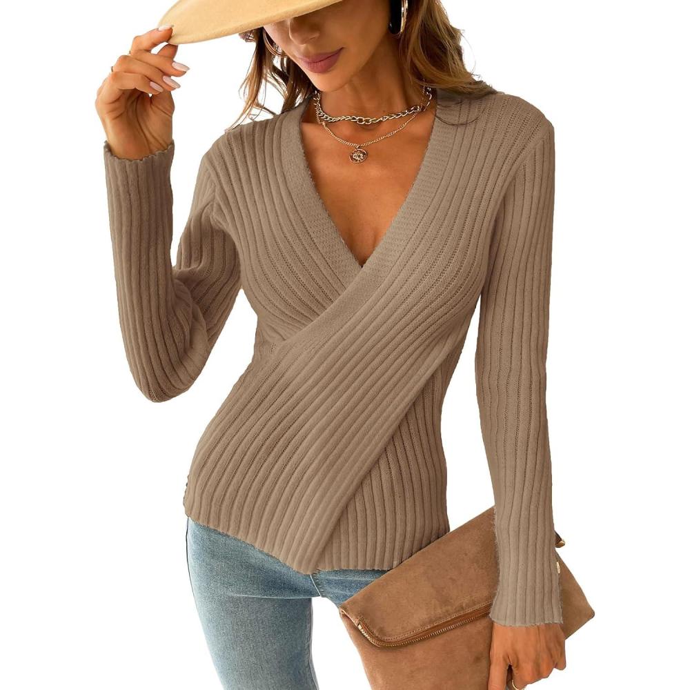 imageCUPSHE Womens Ribbed Sweaters Surplice Fall Knit Sweater Long Sleeve Wrap Sweater TopsBrown
