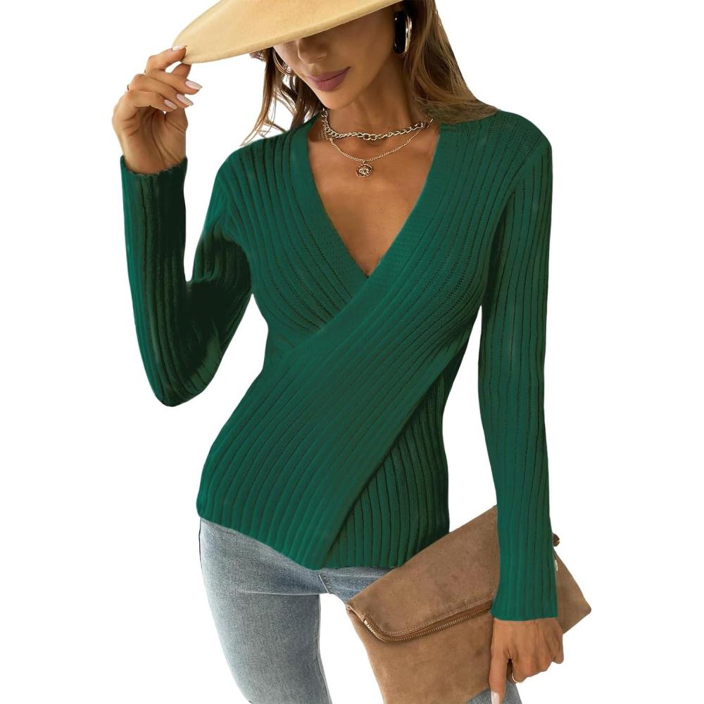 imageCUPSHE Womens Ribbed Sweaters Surplice Fall Knit Sweater Long Sleeve Wrap Sweater TopsDark Green