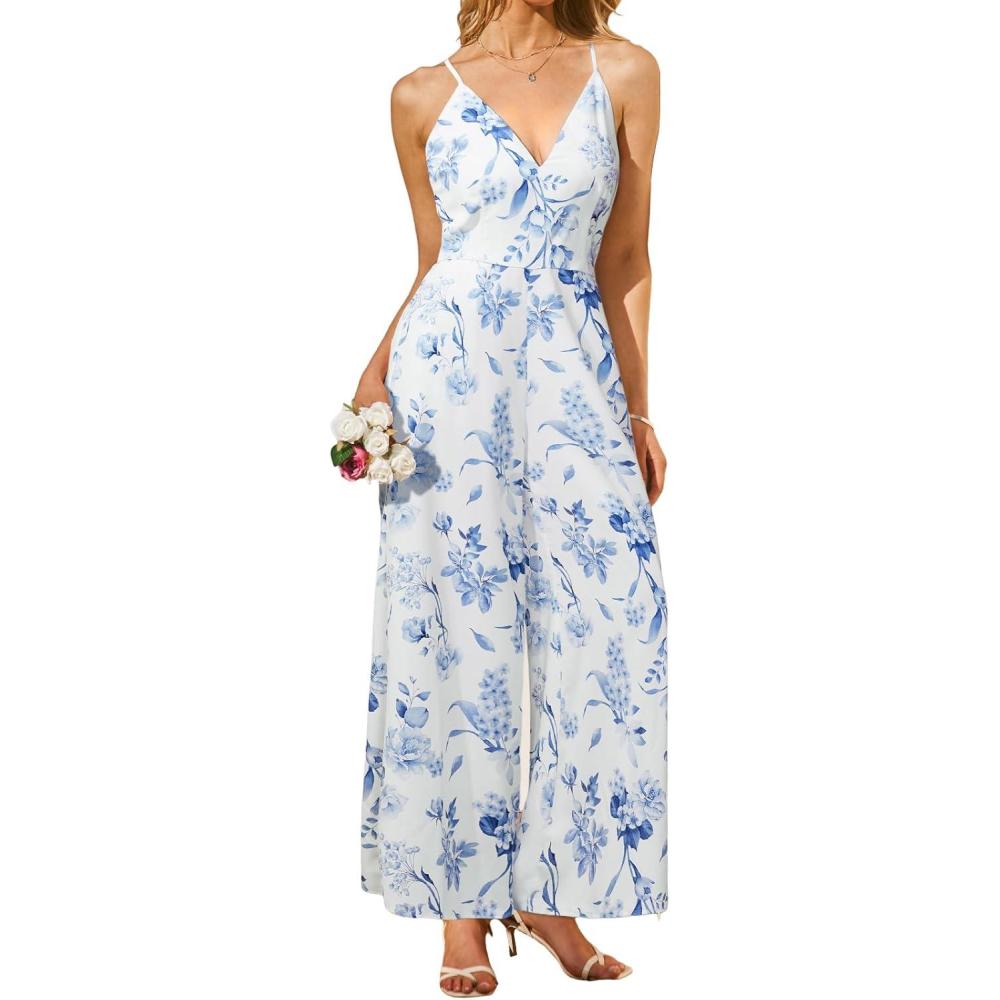 imageCUPSHE Womens Romper Floral Print Spaghetti Strap V Neck Sleeveless Jumpsuit Casual VacationBlue