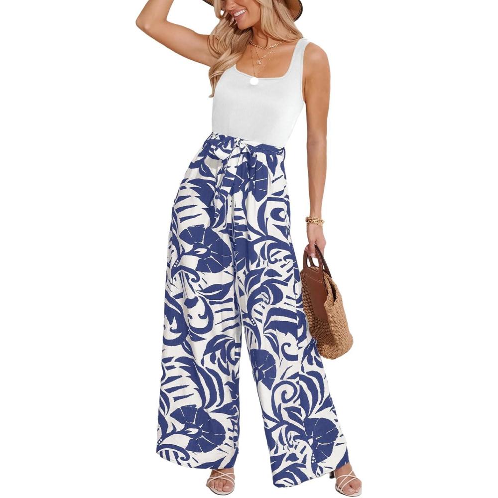imageCUPSHE Womens Romper Square Neck Sleeveless Belted Pocket Wide leg Maxi Outfit Casual DressyBlue
