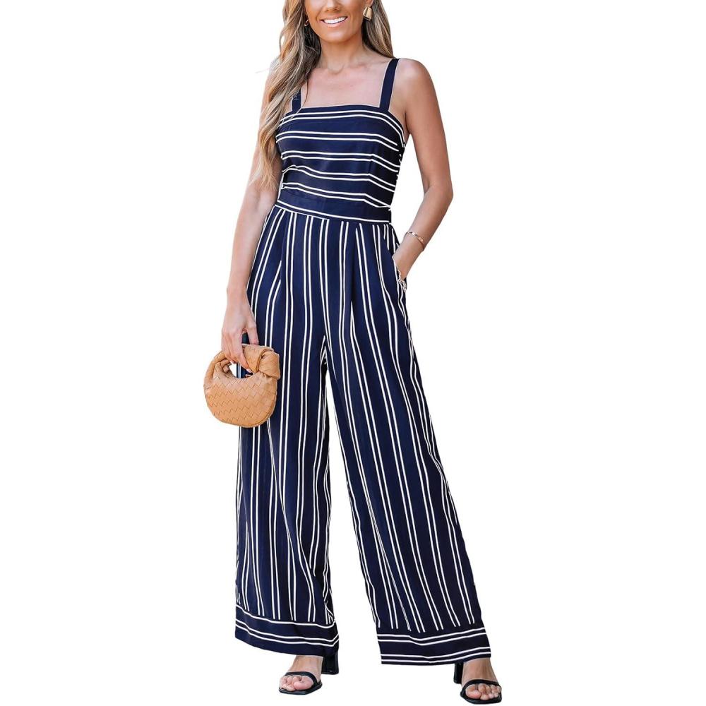 imageCUPSHE Womens Romper Square Neck Sleeveless Stripe Tied Jumpsuit Wide leg Outfit Casual DressyNavy