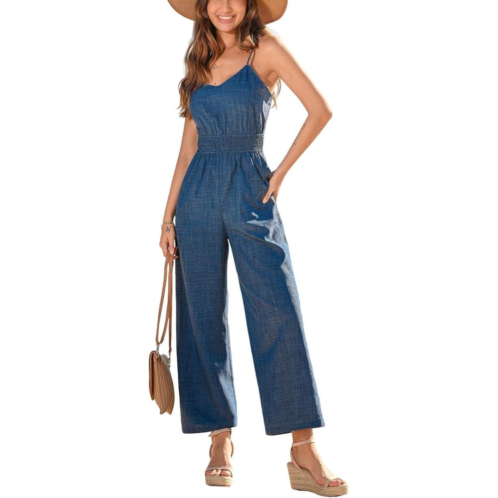 imageCUPSHE Womens Romper V Neck Cami Straps Smocked Waist Wide leg Jumpsuit Outfit Coverup Casual DressyNavy