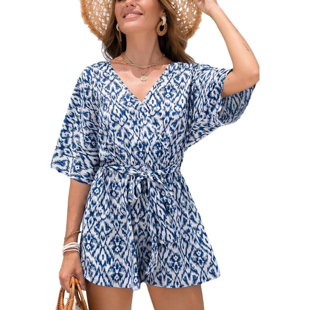 imageCUPSHE Womens Romper V Neck Half Sleeves Waist Boho Wide leg Jumpsuit Outfit Coverup Casual VacationBlue