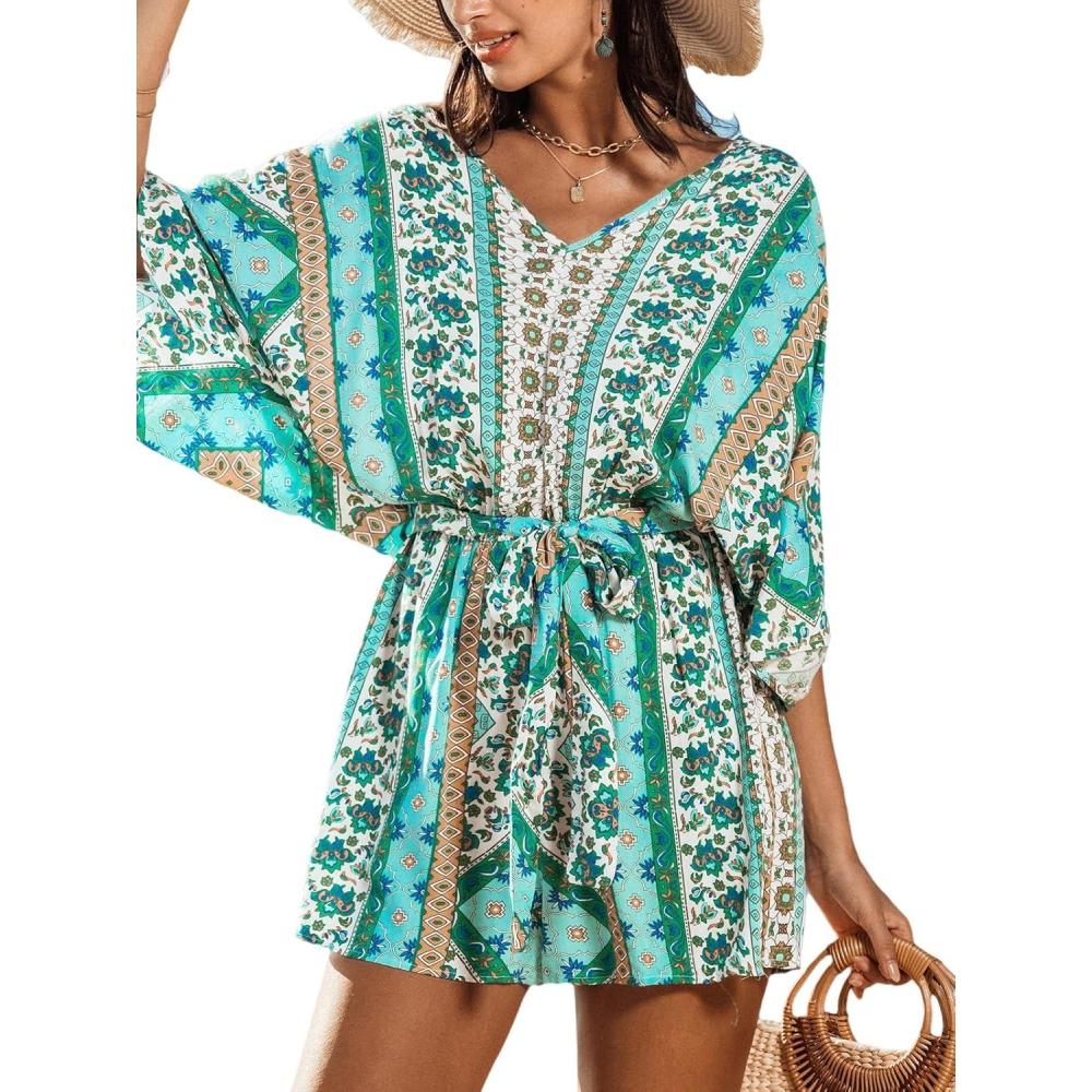 imageCUPSHE Womens Romper V Neck Half Sleeves Waist Boho Wide leg Jumpsuit Outfit Coverup Casual VacationMint