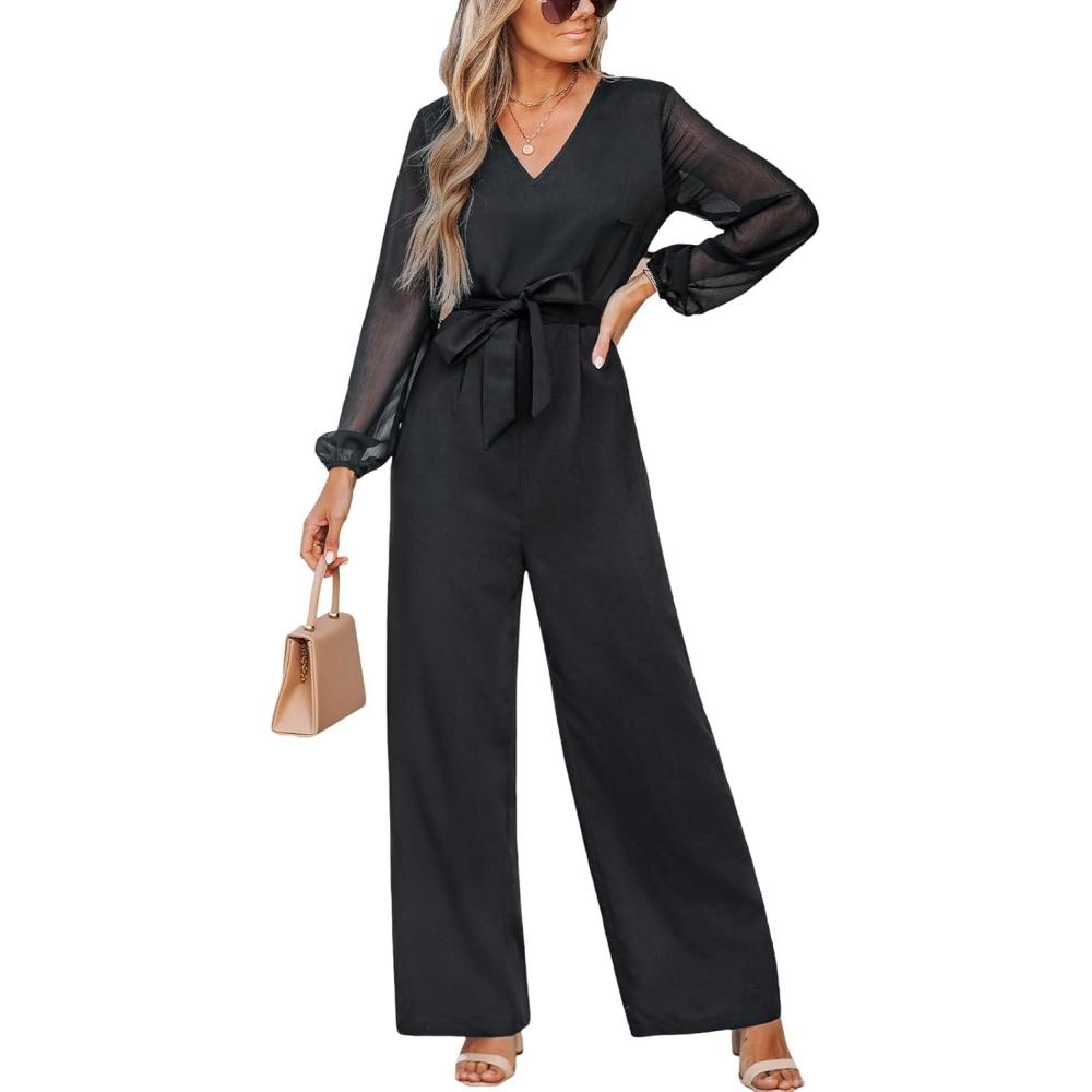 imageCUPSHE Womens Romper V Neck Tied Long Sleeve Jumpsuit Straight leg Outfit Casual DressyBlack