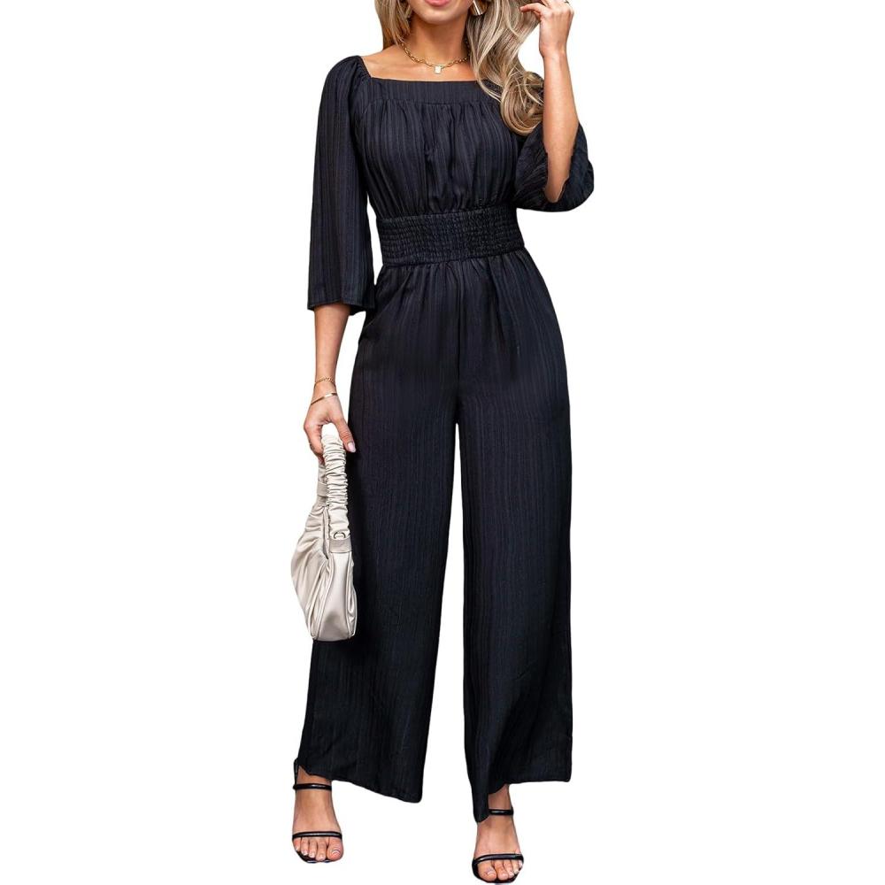 imageCUPSHE Womens Romper Woven Square Neck 34 Sleeves Smocked Waist Straight Leg Jumpsuit Outfit CasualBlack