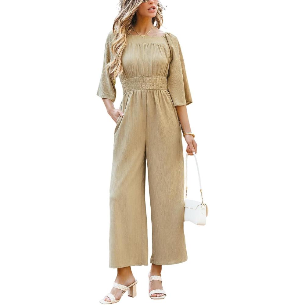 imageCUPSHE Womens Romper Woven Square Neck 34 Sleeves Smocked Waist Straight Leg Jumpsuit Outfit CasualKhaki