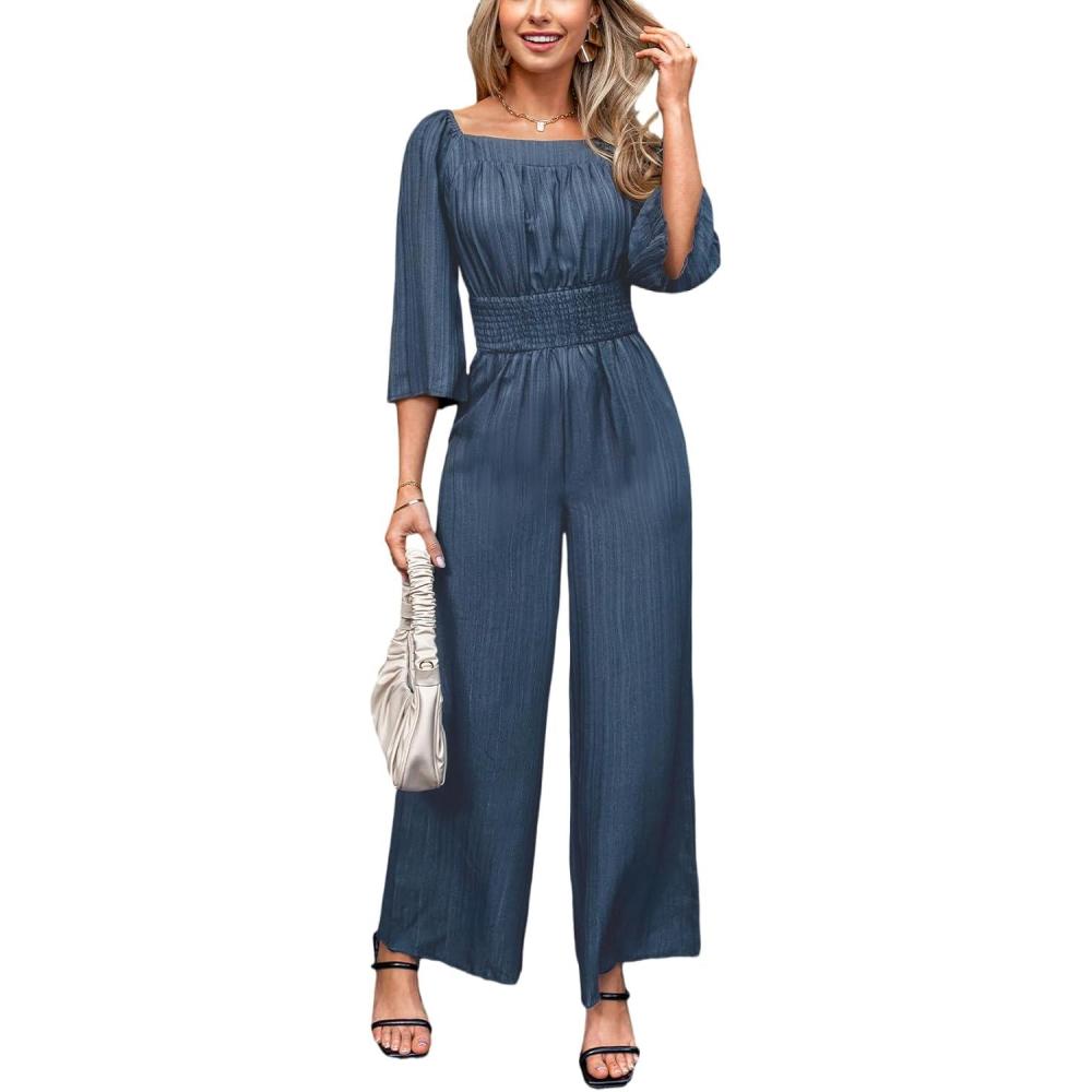 imageCUPSHE Womens Romper Woven Square Neck 34 Sleeves Smocked Waist Straight Leg Jumpsuit Outfit CasualNavy