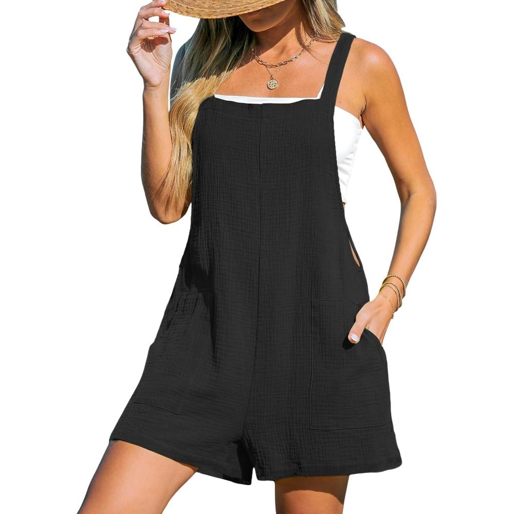 imageCUPSHE Womens Rompers Sleeveless Square Neck Jumpsuits Wide Leg Bib Overall with Pockets Outfit Casual BeachBlack