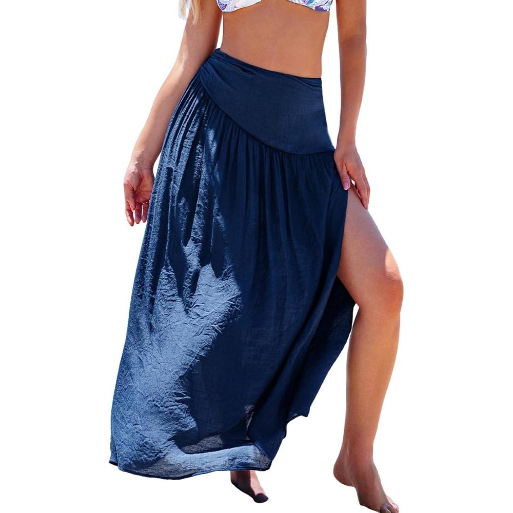 imageCUPSHE Womens Sarong Coverups High Slit Swimsuit Cover Up Ruched Waist Beach Wrap Skirt Long Flowy Summer CoverupBlue