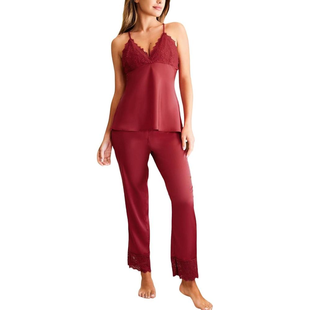 imageCUPSHE Womens Satin Pajamas Set Silk Sleeveless Pjs Sets Lace Camisole Top and PantsRed