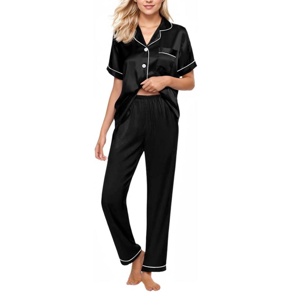 imageCUPSHE Womens Satin Silk Pajama Set Soft Pjs Sleepwear Short Sleeve Top with Long Pajama Pant SetCblack