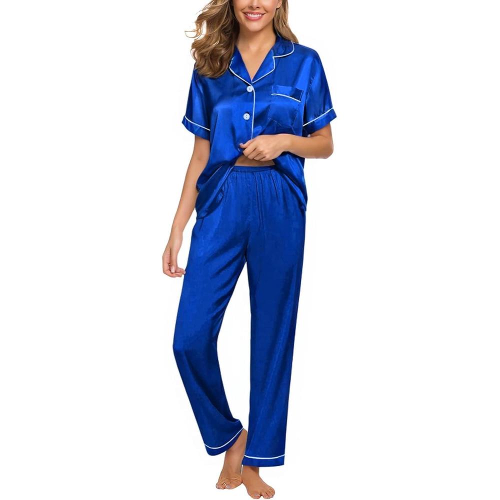 imageCUPSHE Womens Satin Silk Pajama Set Soft Pjs Sleepwear Short Sleeve Top with Long Pajama Pant SetCblue