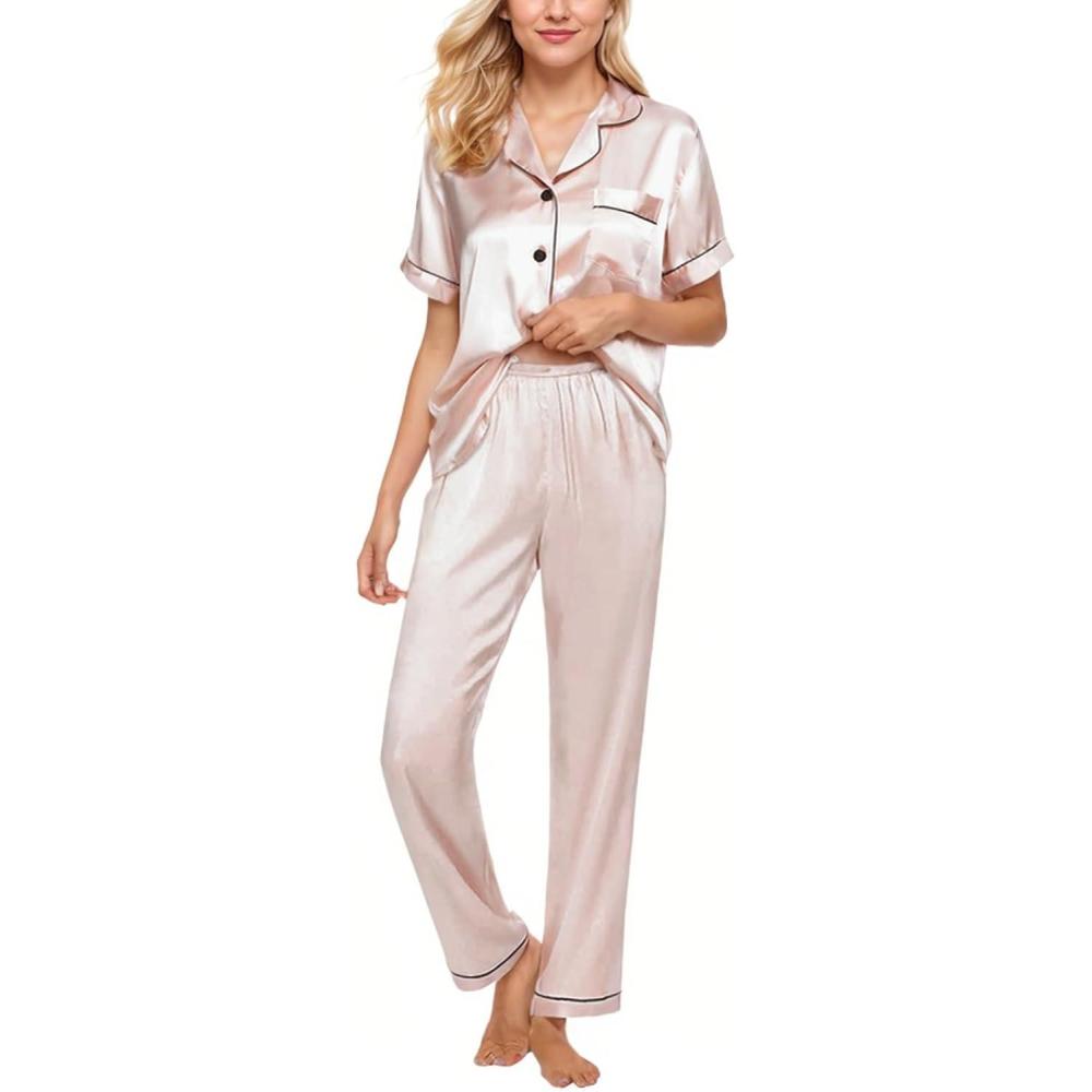 imageCUPSHE Womens Satin Silk Pajama Set Soft Pjs Sleepwear Short Sleeve Top with Long Pajama Pant SetCchampagne