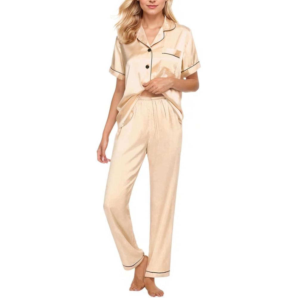 imageCUPSHE Womens Satin Silk Pajama Set Soft Pjs Sleepwear Short Sleeve Top with Long Pajama Pant SetCkhaki