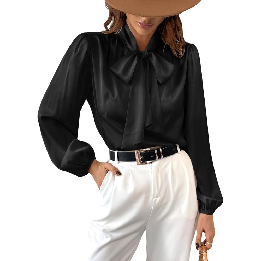 imageCUPSHE Womens Satin Tops Bow Tie Lantern Long Sleeve Blouses Silk Business Tops Office Work ShirtBlack