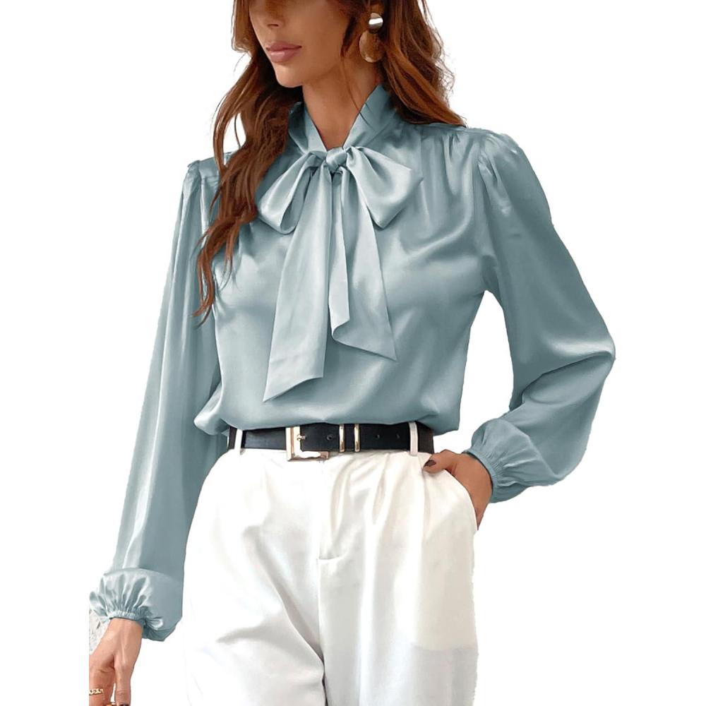 imageCUPSHE Womens Satin Tops Bow Tie Lantern Long Sleeve Blouses Silk Business Tops Office Work ShirtLight Blue