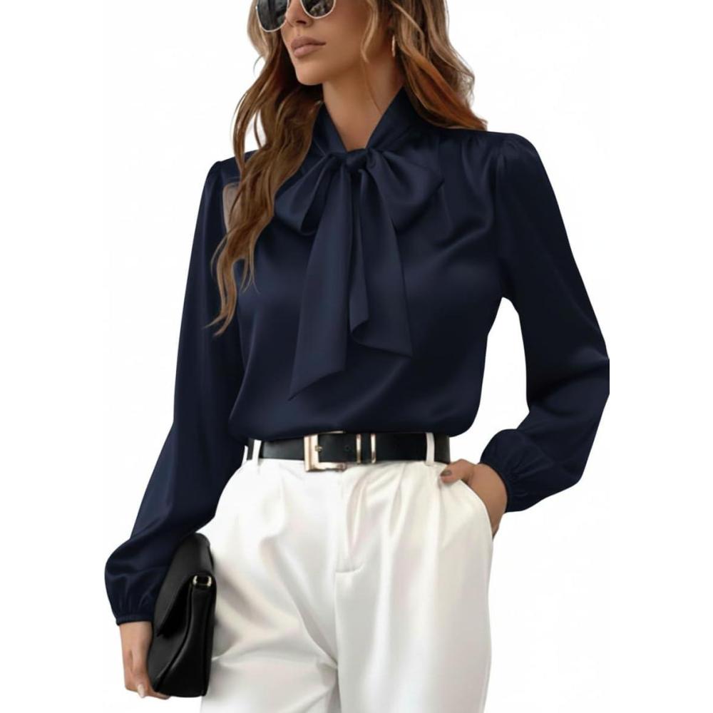 imageCUPSHE Womens Satin Tops Bow Tie Lantern Long Sleeve Blouses Silk Business Tops Office Work ShirtNavy