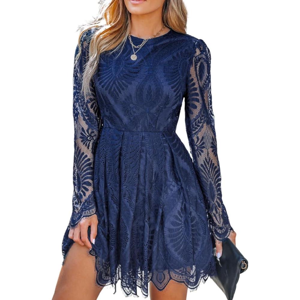 imageCUPSHE Womens Sheer Insert Scallop Trim Lace Coaktail Dress Long Sleeve Flared ALine Mini DressesNavy